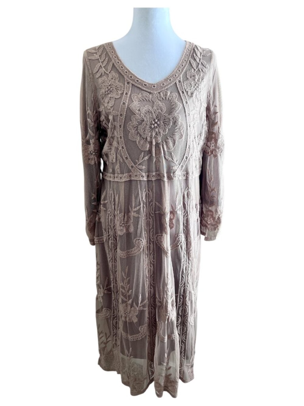 Orange Creek Embroidered Mesh Lace Floral Midi Dress - M/L Boho Cottagecore